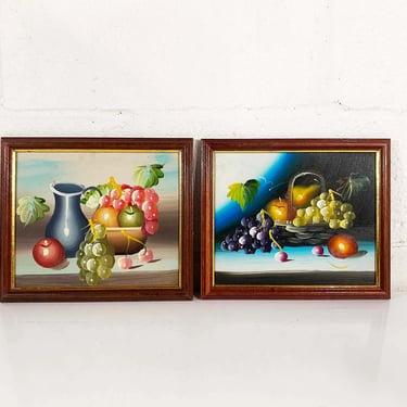 Vintage Set 2 Framed Fruit Original Painting Fruits Veggies Vegetables Wood Frame Painted Acrylic Paint Amateur Painter Kitchen Cornucopia 