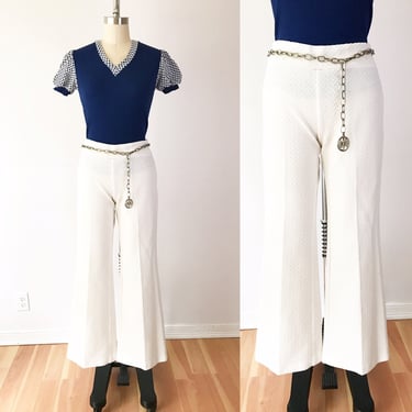 SIZE S/M 1970s Wide Leg White Bellbottom Pants - Polyester Wide Leg Trousers - Stretch Pants Bell Bottom Nautical Beach Summer 