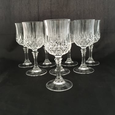 Set of 2 Mid Century Modern Cut Crystal Cordial Glasses, Art Deco Retro Sherry Port Liqueur Stemmed Shot Glasses, Cristal D'Arques Longchamp 
