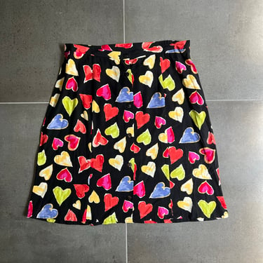 90s Heart Print Rayon Button Front Miniskirt Size L 