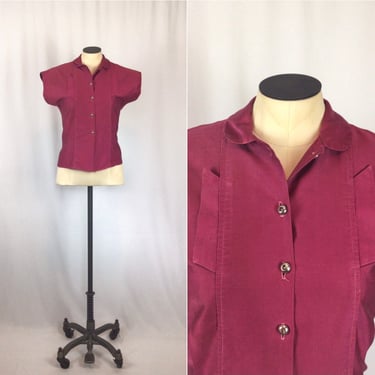 Vintage 50s blouse | Vintage burgundy cotton camp shirt | 1950s shirt sleeve top 