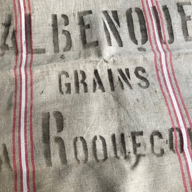 French Linen Grain Sack, Red White Stripe, Upholstery, Pillow Craft Fabric, Rustic French Farmhouse 