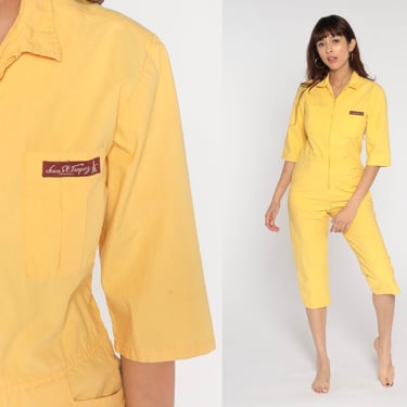 80s Jumpsuit Yellow Capri Workwear Jumpsuit Cropped Straight Leg Pant Front Zip Up High Waist Vintage Pantsuit Jean St Tropez 1980s Small 