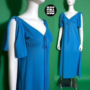 Lovely Vintage 60s 70s Cornflower Blue Long Nightgown or Lightweight Maxi Dress with Flutter Sleeves 