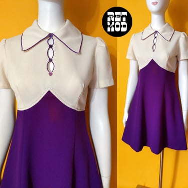 Super Cute Vintage 60s 70s Purple Mini Dress with Keyholes and Collar 