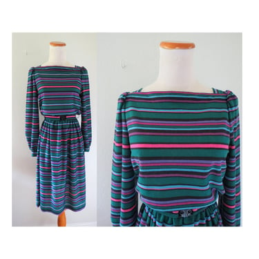 Vintage 80s Bold Striped Long Sleeve Midi Dress - Belted Cute Fall Outfit - Size Small 