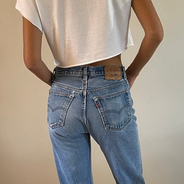 29 Levis 501 vintage faded jeans / vintage light wash soft faded worn in frayed high waisted button fly boyfriend Levis 501 jeans USA | 29 