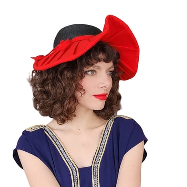40s Wide Brimmed Hat Red Navy Blue Asymmetrical Modernist 