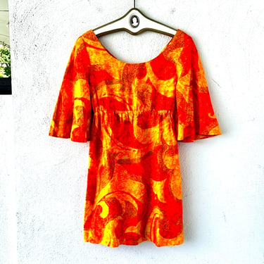 Vintage 60s 70s Pomare Hawaiian Psychedelic Bell Sleeve Dress // Neon Orange Yellow Boho Hippie Short Mini Hawaii Dress 