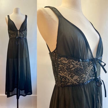 Vintage 60s Nightgown / Sheer BLACK Nylon + Wide LACE Waist  + Two Satin Ties / Henson Kickernick / 36 