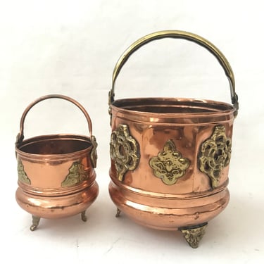 Copper Brass Decorative Planter Handle Footed, Mid Century Hollywood Regency- set of two 