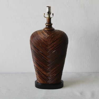 Vintage Handcrafted Burnt Tortoise Shell Style Bamboo Rattan Wicker Table Lamp 