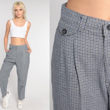 Tapered Plaid Trousers 80s Pleated Pants Houndstooth Pants Lee Punk High Waisted Trousers Checkered Print 90s Vintage Grey Blue Small 28 