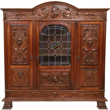 Antique Bookcase, Carved, Spanish Renaissance Revival, Cornice, Crest, 1800s!!