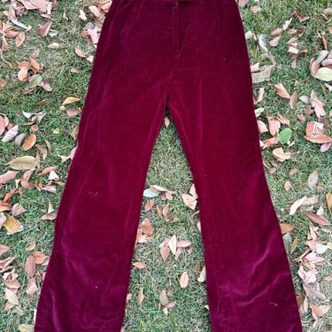 Vintage 70s Red Wine Burgundy Velvet Super High Waisted Flared Pants 28 30 by TimeBa