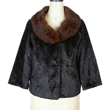1950s Jacket ~ Faux Curly Lamb with Real Fur Collar Short Jacket 