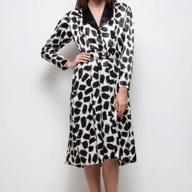shirtwaist dress pleated midi black white abstract animal print satin long sleeve vintage 70s LARGE L 