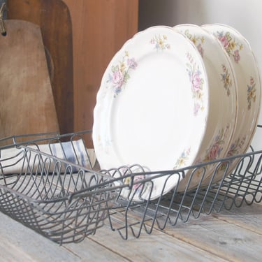 Vintage dish drying rack / metal counter top dish rack / French farmhouse sink drainer rack / antique wire dish basket / rustic decor 
