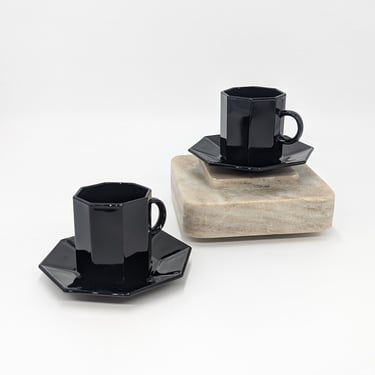 Vintage Black Arcoroc Espresso Cups and Saucers Made in France, Set of 2 