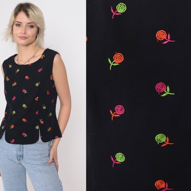 Black Floral Tank Top 90s Embroidered Blouse Sleeveless Shirt Retro Button Back Party Round Neck Neon Flower Print Vintage 1990s Medium 8 