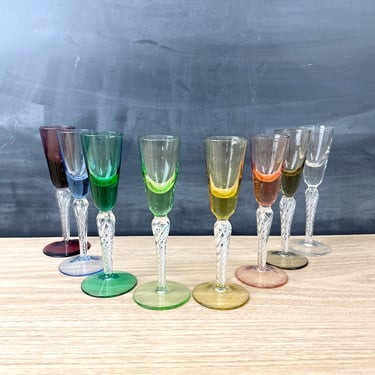Twisted stem rainbow cordial glasses - set of 8 - vintage barware 