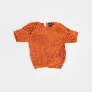 Vintage 90s Orange hand knit crochet ramie cotton sweater 