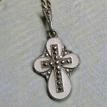 Vintage Sterling Silver Enamel and Marcasite Cross, Old Sterling Enamel Cross, Old Marcasite Religious Cross Pendant (#4235) 