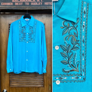 Vintage 1950’s -Deadstock- Turquoise Elvis Loop Collar Rayon Rockabilly Shirt, 50’s Vintage Clothing 