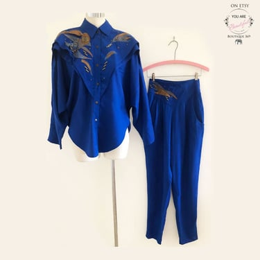 80's Neiman Marcus SET, Pants & Jacket Shirt, Leather, Studs, Vintage 1980's Matching Suit, Blue Cotton, 