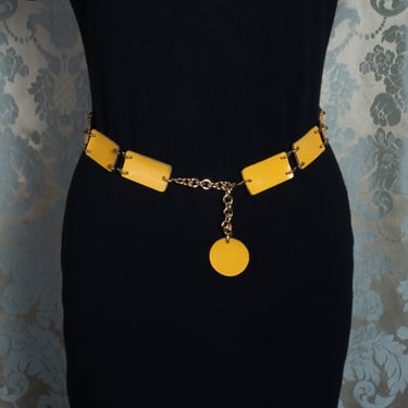 Vintage 1960s Double Sided Brown/Yellow Patent Leather Adjustable Chain Belt 