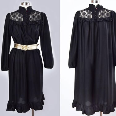 70's Black Lace Victorian High Collar Kaftan Caftan Dress Vintage 1970's Goth Evening Cottage core Polyester Full Skirt A line 