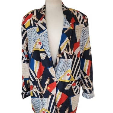 Vintage 80s Oversized Blazer Silk Nautical Print Jacket Carol Horn Workshop / L 