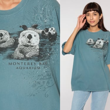 Monterey Bay Aquarium Shirt Y2k Sea Otter T-Shirt Ocean Marine Animal Graphic Tee Retro California Tourist Green Vintage 00s Mens Large L 