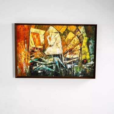 Mid Century Modern Oil Painting Art Signed Abstract Expressionism 37x25 Knife NM