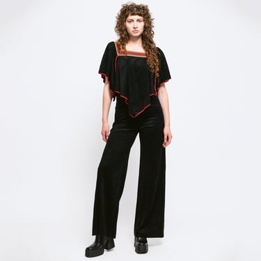 Small 70s Boho Black Velour Capelet Jumpsuit | Vintage Embroidered Trim Straight Leg Disco Pantsuit 