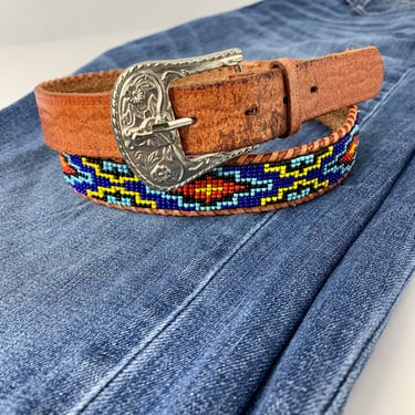 1960's Native American Inspired Beaded Belt - Worn Leather Belt - Interesting Beadwork - Labeled Size 38 Inch Waist 