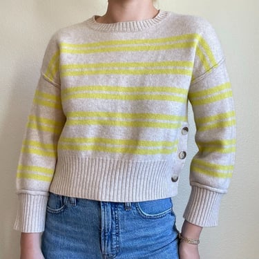 Aqua Womens Beige Yellow Striped 100% Cashmere Crewneck Soft Sweater Sz S 