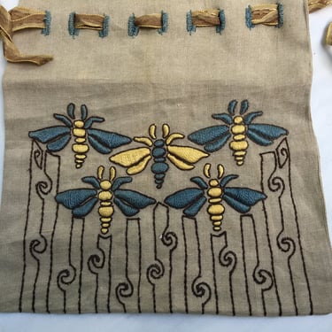 Antique Arts &amp; Crafts Bee Embroidered Bag, Linen Bag, Royal Society Kits, Bee Lovers, Teal And Yellow Fiber Art 