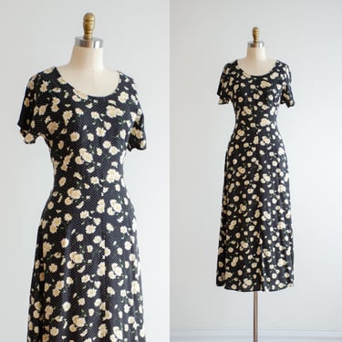 cute cottagecore dress 90s vintage All That Jazz black white daisy floral bias cut maxi dress 