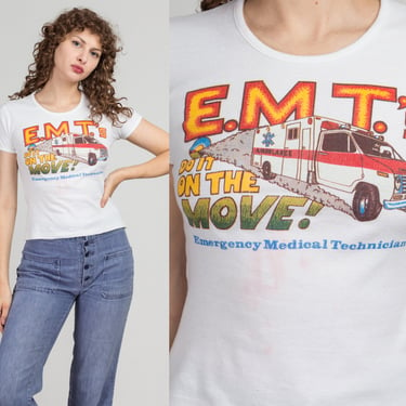 80s EMT "Do It On The Move!" Fitted T Shirt - Small | Vintage Women's White Graphic Tee 