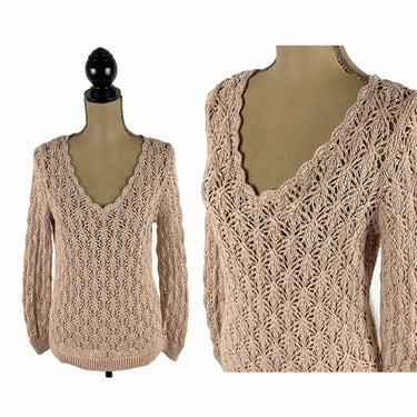 Y2K Blush Pink Sweater Medium, 100% Cotton Open Knit Pointelle V Neck, Boho Cottagecore Spring, 2000s Clothes Women Vintage Ann Taylor Loft 