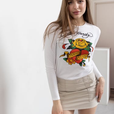 ED HARDY T-SHIRT Vintage White Long Sleeve Crew Neck Y2K Tattoo Sheer Cotton Small Fit 