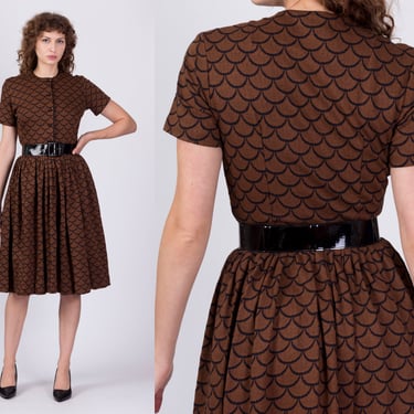 70s Scalloped Fit & Flare Midi Dress - Extra Small | Vintage Brown Belted Button Up Knee Length Shirtdress 
