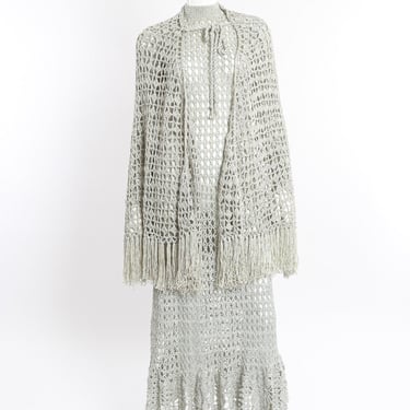 Metallic Silver Crochet Net Dress & Poncho
