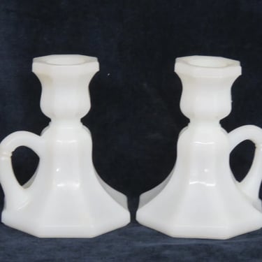 Milk Glass White Octagonal Flared Candlestick Holders with Handles a Pair 3748B