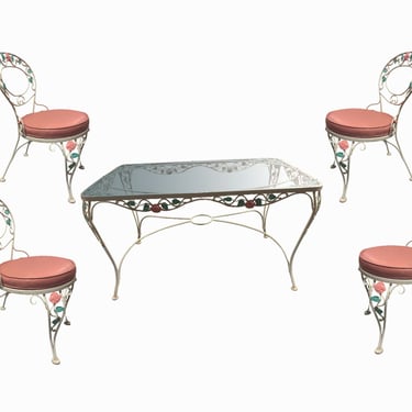 Pink Rose White Iron Garden Table and Chairs Set 