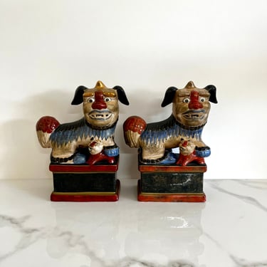 Vintage Foo Dog Pair | Ceramic Foo Dog Statues | Asian Guardian Dog Figures | Blue Red Foo Dogs 