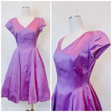 1950s Vintage Periwinkle Satin Party Dress / 50s / Fifties Fit and Flare Purple Dress / Size  Medium 