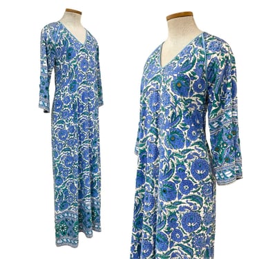 Vtg 60s 1960s Ramona Rull Designer Boho Mirrored Indian Block Print Maxi Dress 