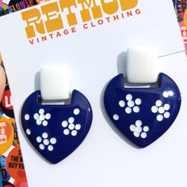 Vintage 70s 80s Navy Blue & White Polka Dot Door Knocker Statement Earrings 